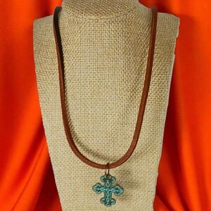 Long Leather Cord Cross Medallion Necklace Western Cowboy Cowgirl Boho Hippie